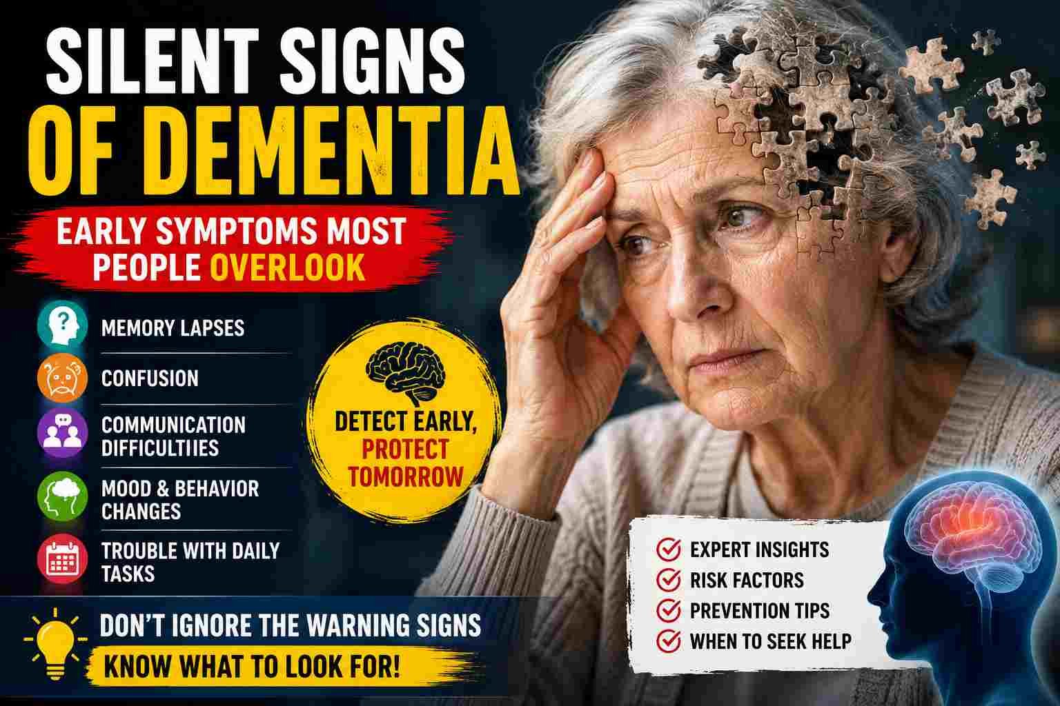 Elderly woman showing early dementia warning signs with puzzle-piece brain illustration, memory loss icons, confusion symptoms, and silent cognitive decline infographic.