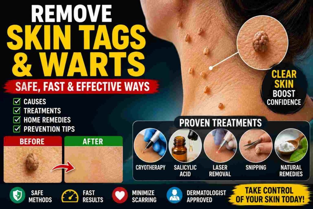 Medical-style infographic showing safe ways to remove skin tags and warts, including cryotherapy, salicylic acid, laser removal, and dermatologist-approved treatments with before-and-after skin visuals.