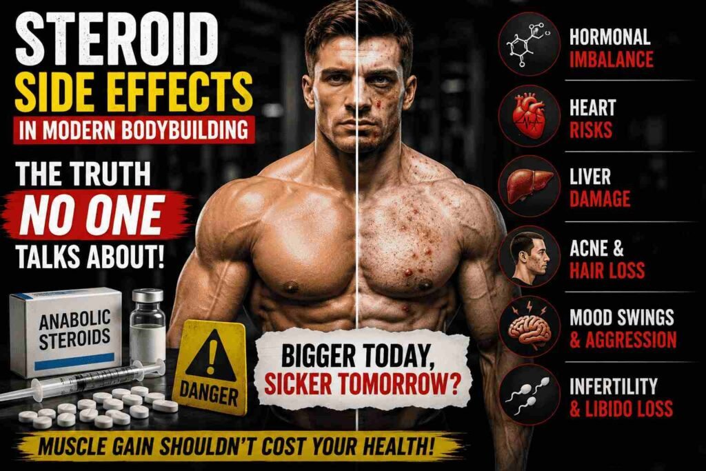 Infographic-style image showing a muscular bodybuilder split into healthy and steroid-damaged sides, highlighting anabolic steroid side effects like acne, heart risks, hormonal imbalance, infertility, and liver damage.