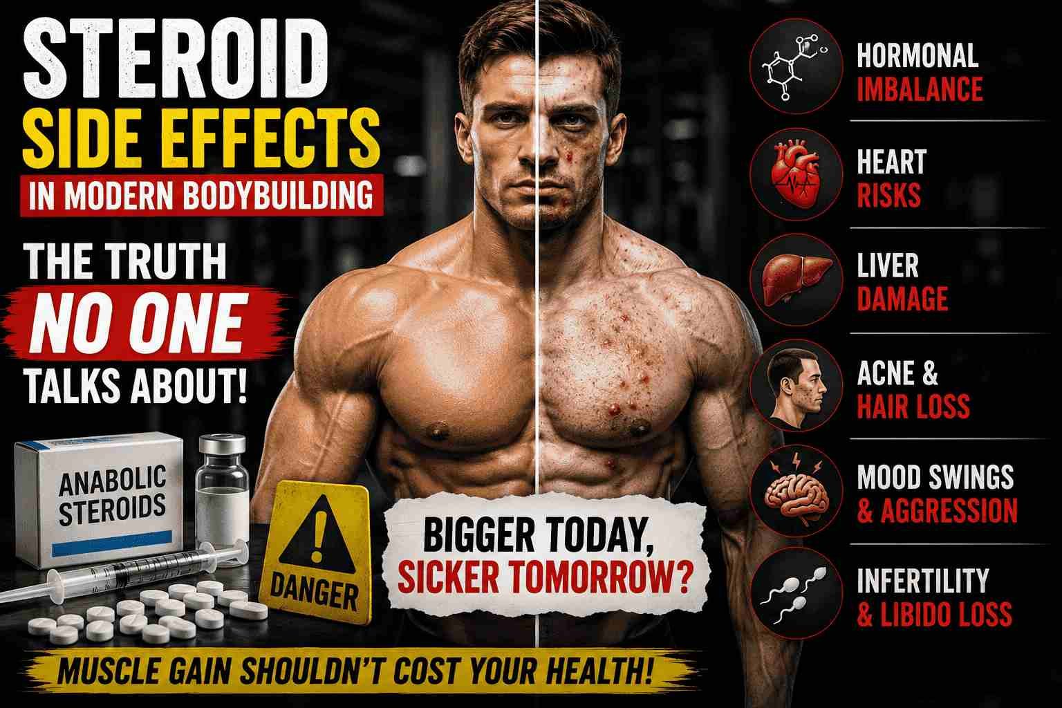 Infographic-style image showing a muscular bodybuilder split into healthy and steroid-damaged sides, highlighting anabolic steroid side effects like acne, heart risks, hormonal imbalance, infertility, and liver damage.