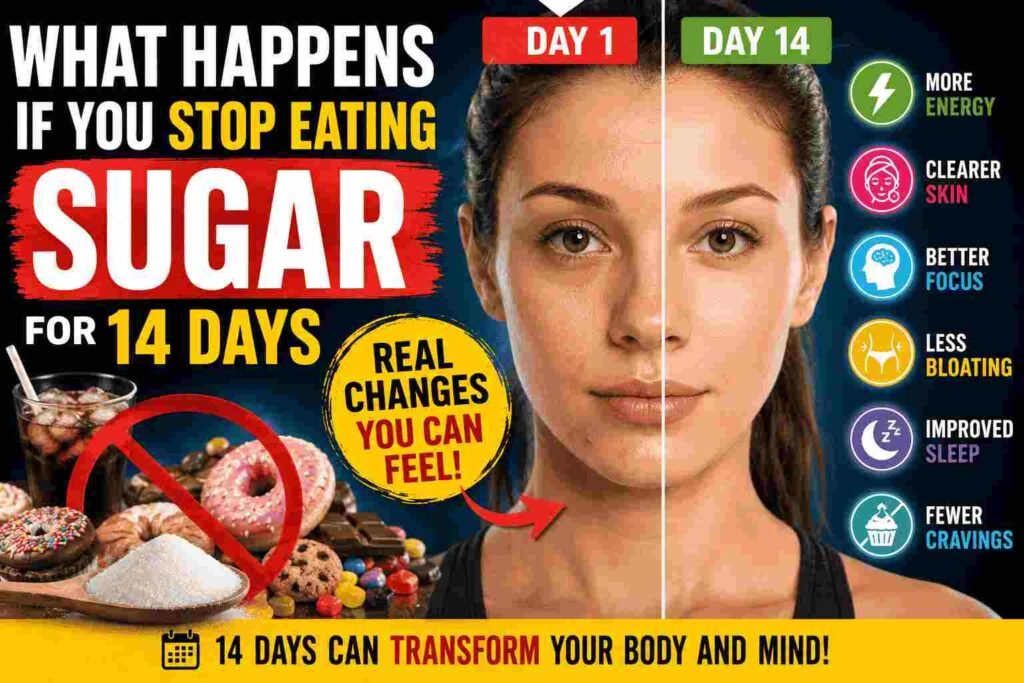Before-and-after infographic showing the physical and mental changes that may happen after stopping sugar for 14 days, including clearer skin, improved energy, fewer cravings, and better focus. The effects when you stop eating sugar.