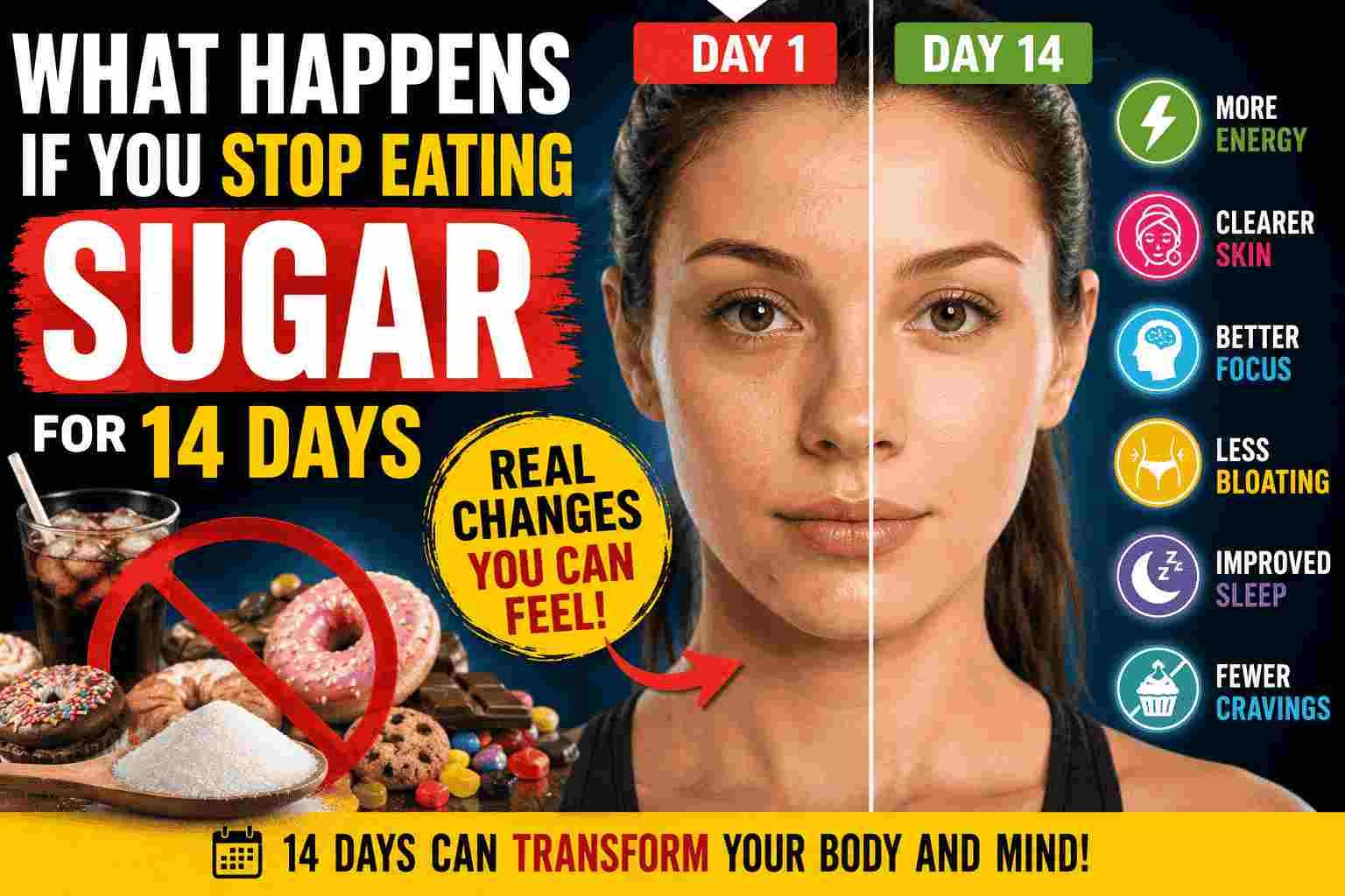 Before-and-after infographic showing the physical and mental changes that may happen after stopping sugar for 14 days, including clearer skin, improved energy, fewer cravings, and better focus. The effects when you stop eating sugar.