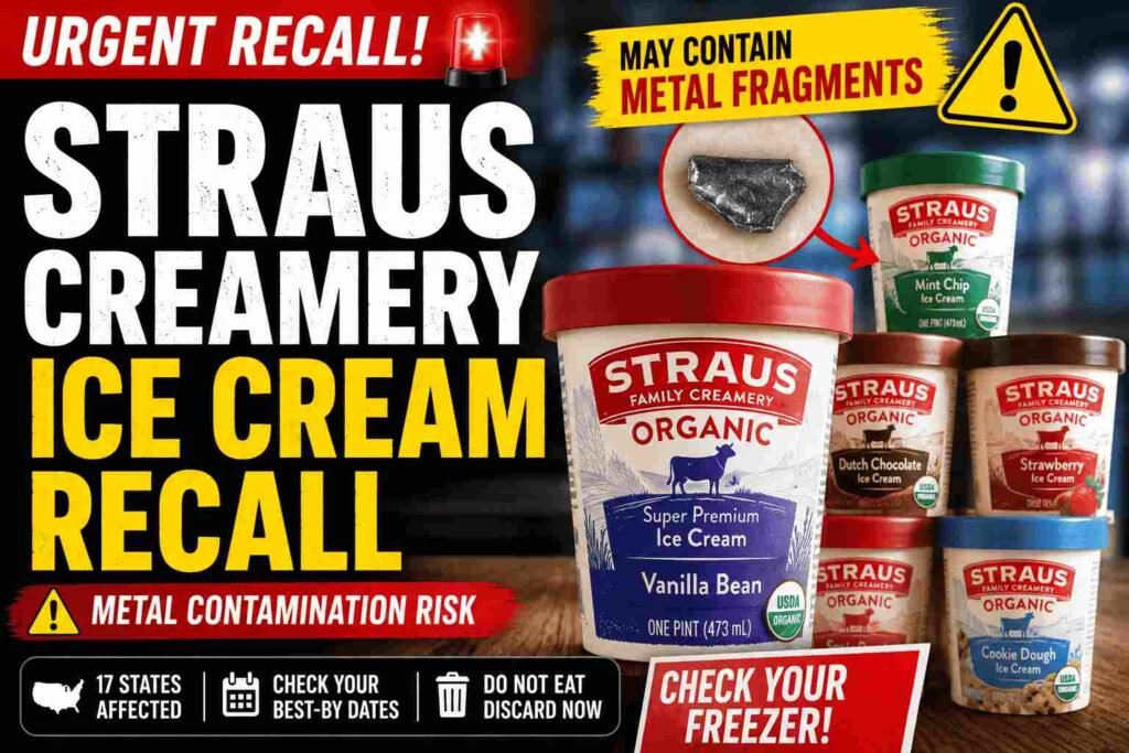 News-style graphic showing the Straus Creamery ice cream recall with contaminated organic ice cream containers, warning labels, and bold headlines about possible metal fragments found in recalled products.
