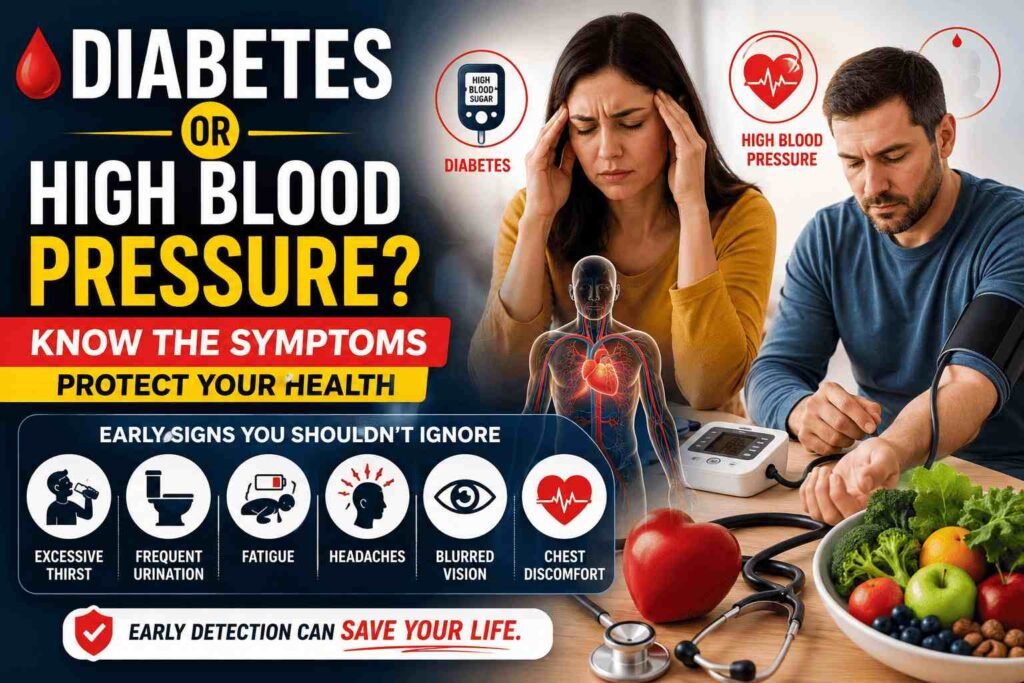 Infographic-style health image showing symptoms of diabetes and high blood pressure, including fatigue, headaches, blurred vision, frequent urination, and chest discomfort alongside medical equipment and healthy foods.