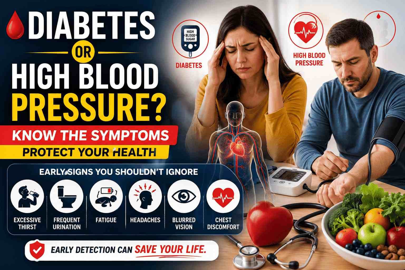 Infographic-style health image showing symptoms of diabetes and high blood pressure, including fatigue, headaches, blurred vision, frequent urination, and chest discomfort alongside medical equipment and healthy foods.