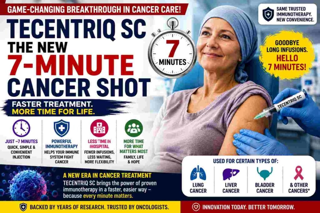 Cancer patient receiving the new Tecentriq SC 7-minute immunotherapy injection in a modern oncology clinic with bold medical infographic text.