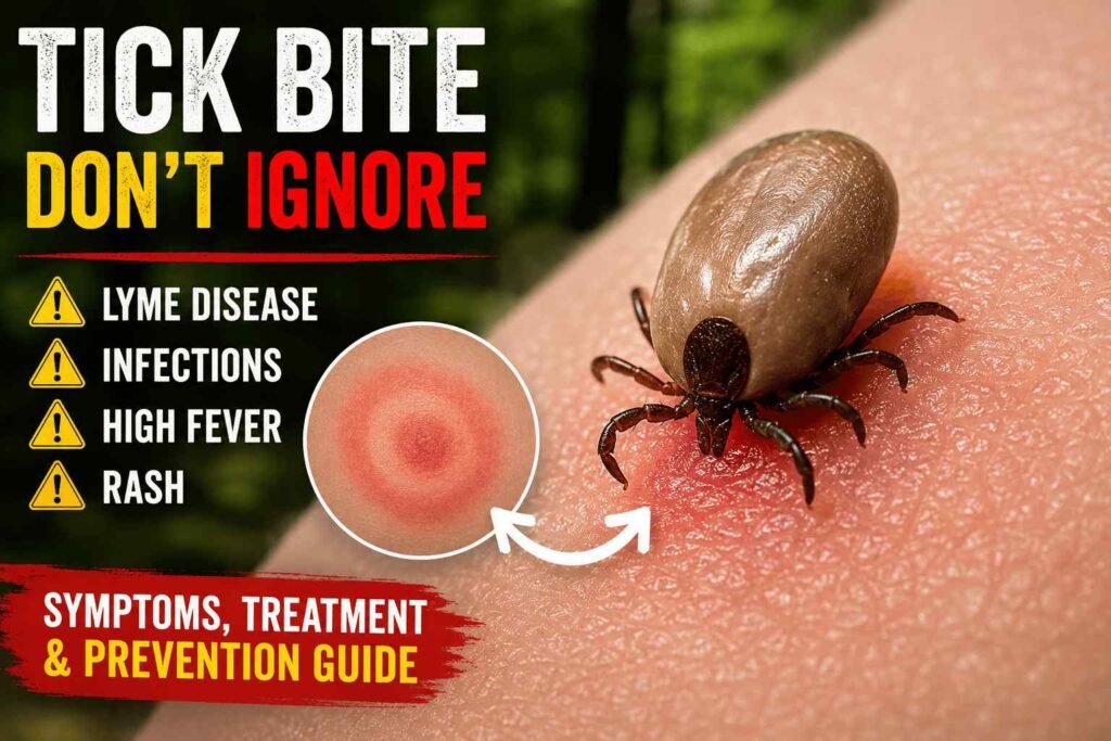 Close-up of an infected tick attached to human skin with redness and warning signs about Lyme disease, fever, infections, and rash.