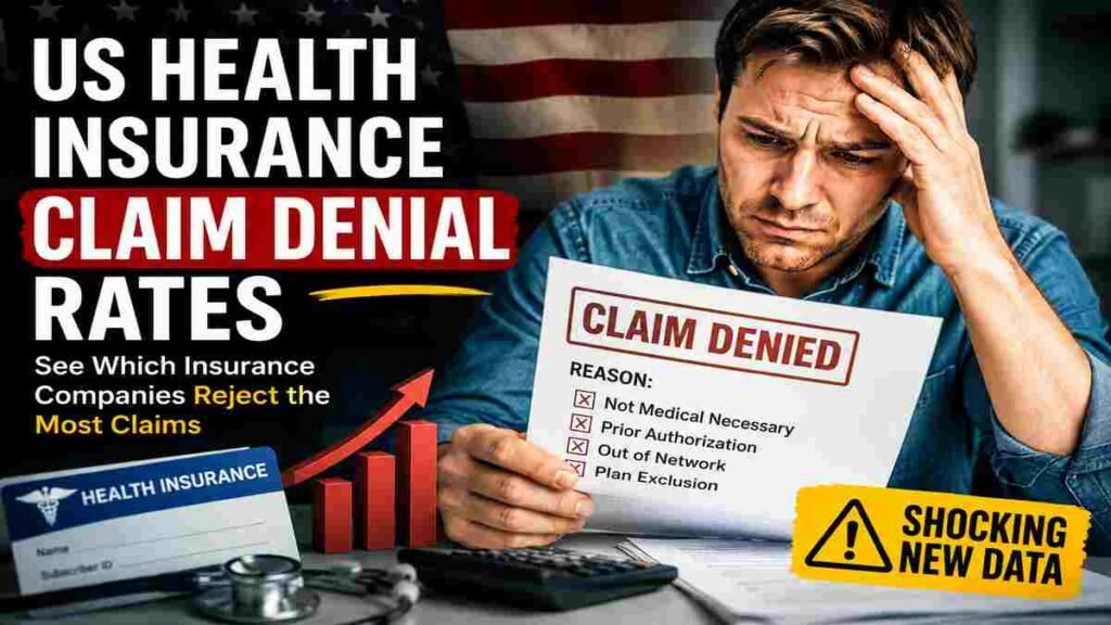 American man holding a denied medical insurance claim letter with US health insurance denial rate statistics and rising rejection graph