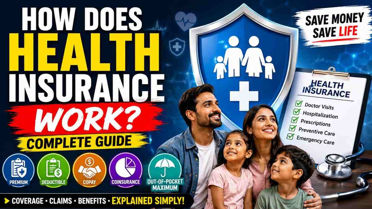 A colorful health insurance thumbnail featuring a smiling family, medical shield icon, and bold text explaining premiums, deductibles, copays, and how health insurance works.