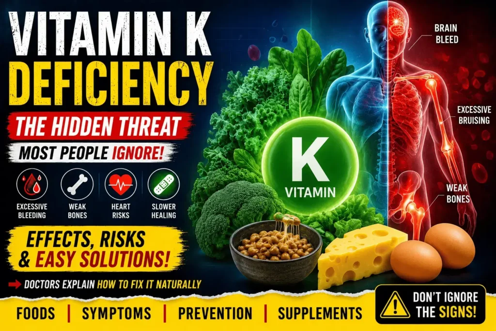Infographic-style image showing Vitamin K deficiency effects including excessive bleeding, weak bones, bruising, and brain health risks alongside Vitamin K-rich foods like spinach, broccoli, eggs, and cheese.