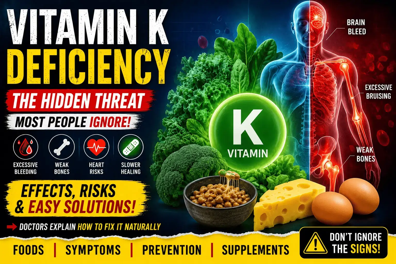 Infographic-style image showing Vitamin K deficiency effects including excessive bleeding, weak bones, bruising, and brain health risks alongside Vitamin K-rich foods like spinach, broccoli, eggs, and cheese.