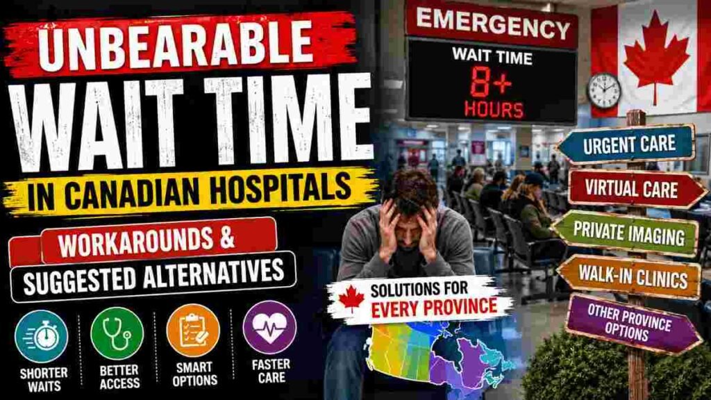 Frustrated man sitting in a crowded Canadian hospital waiting room beside an emergency wait time board showing 8+ hours with healthcare workaround signs.