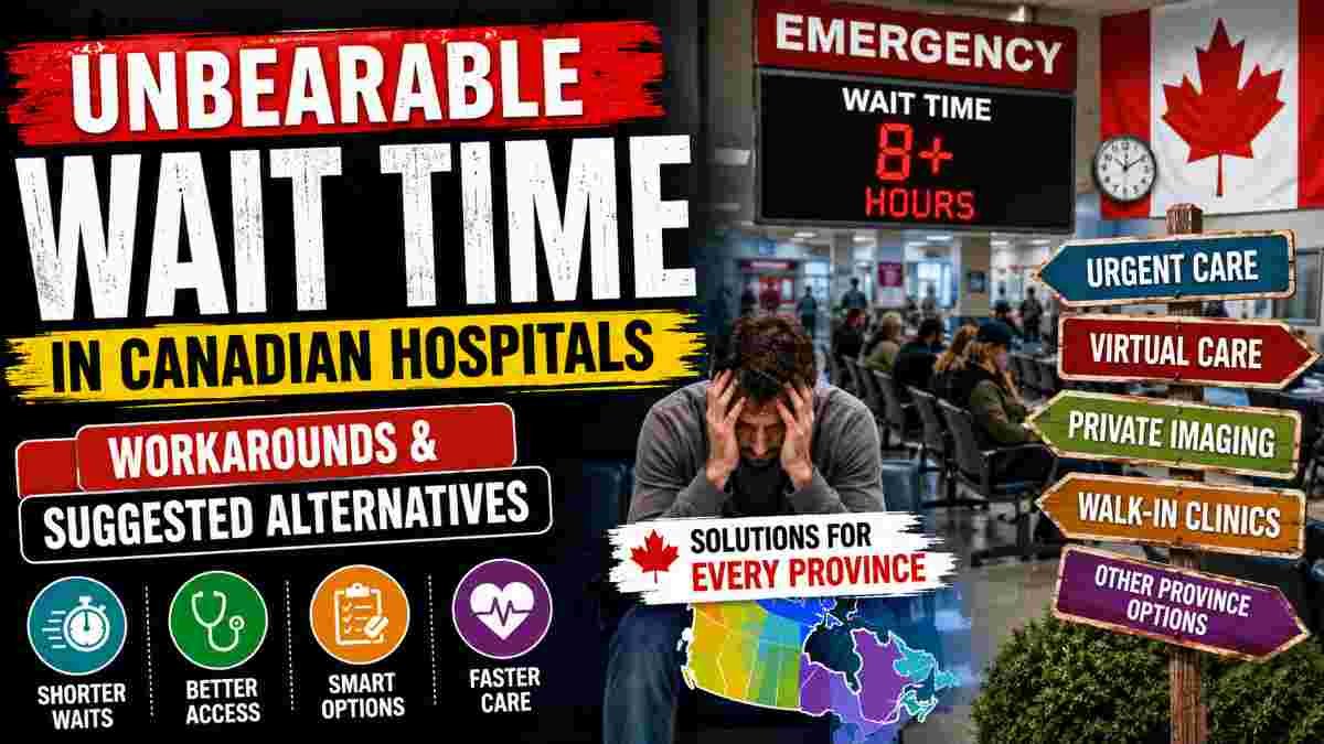 Frustrated man sitting in a crowded Canadian hospital waiting room beside an emergency wait time board showing 8+ hours with healthcare workaround signs.