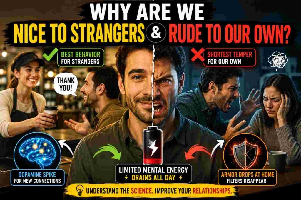 A dramatic split-screen thumbnail showing a man behaving kindly toward strangers in a cafรฉ while angrily arguing with his partner at home, illustrating why people are often nicer to strangers than family.