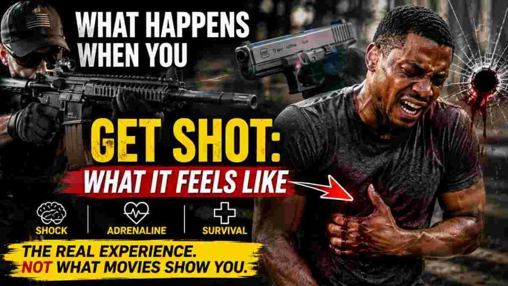 Dramatic thumbnail showing an armed man with an HK416-style rifle, a Glock-style pistol, and an injured gunshot victim reacting in pain while highlighting the real experience of getting shot.