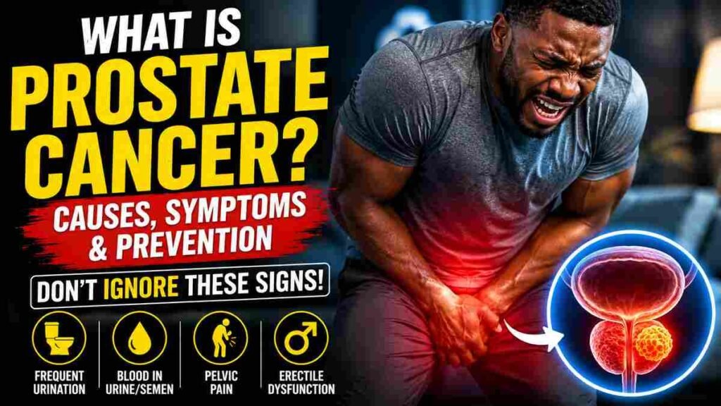 American Black man clutching his crotch in severe pain beside bold prostate cancer warning text and a glowing medical prostate illustration