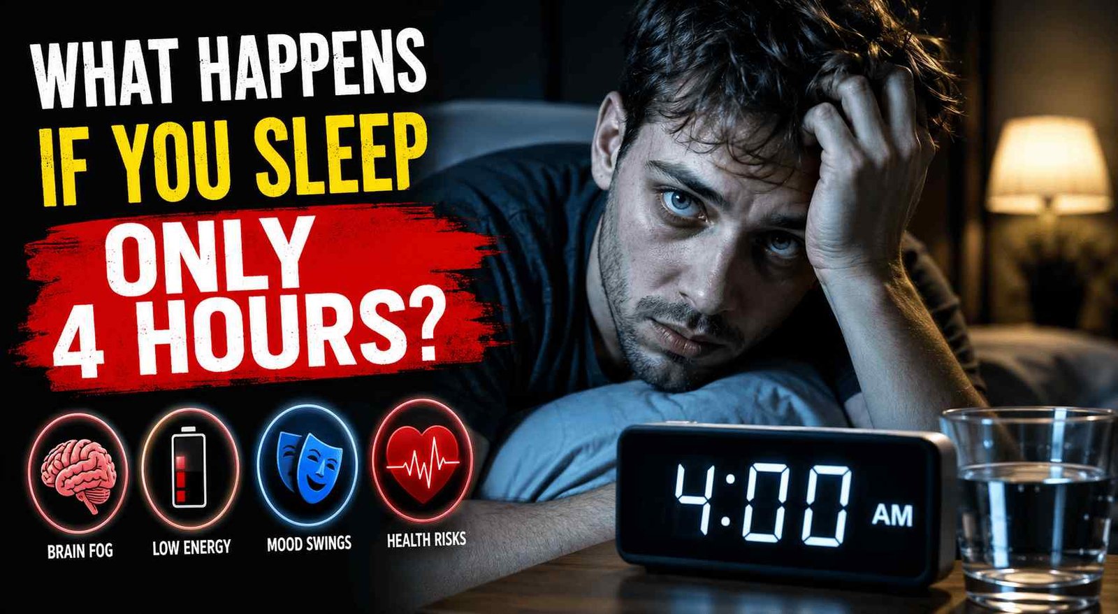 Exhausted person lying awake at night with dark circles under the eyes and a glowing clock showing 4 hours of sleep, highlighting the effects of sleep deprivation.