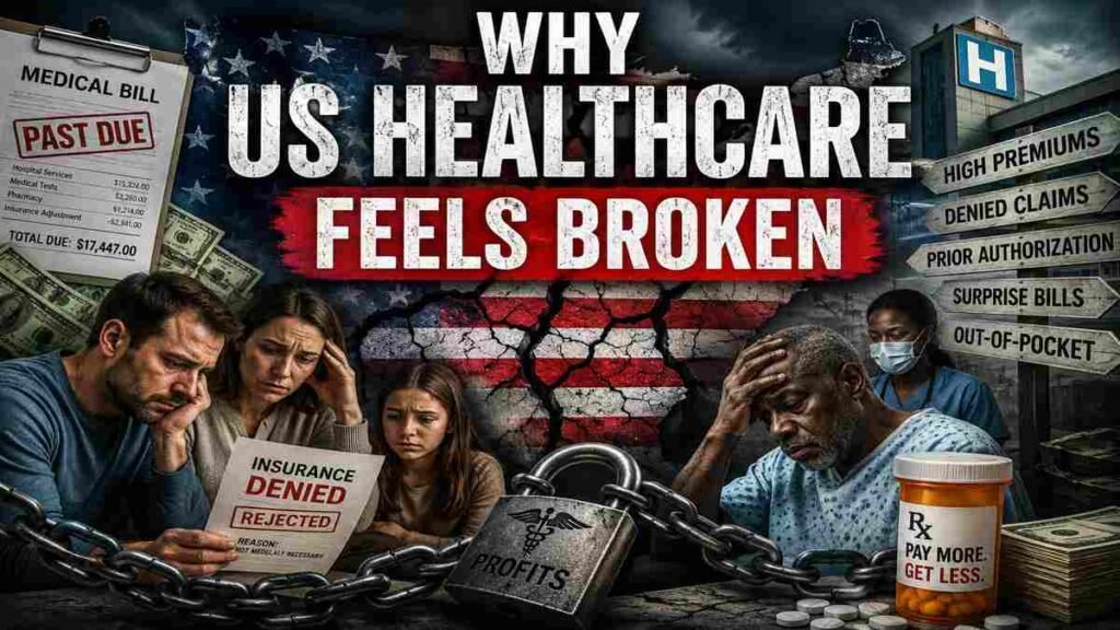 Dramatic infographic-style thumbnail showing stressed American families facing denied insurance claims, massive medical bills, rising healthcare costs, and a broken US healthcare system.