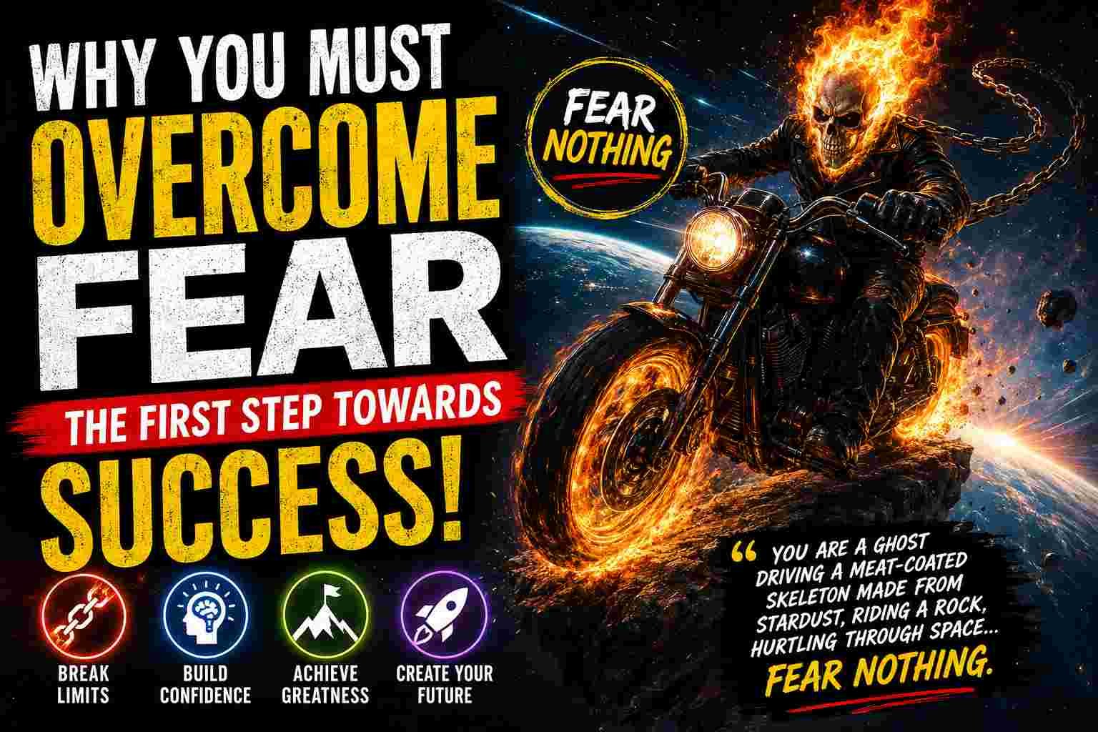 A fiery cosmic thumbnail featuring a flaming skeletal biker racing through space with bold motivational text about overcoming fear and achieving success.
