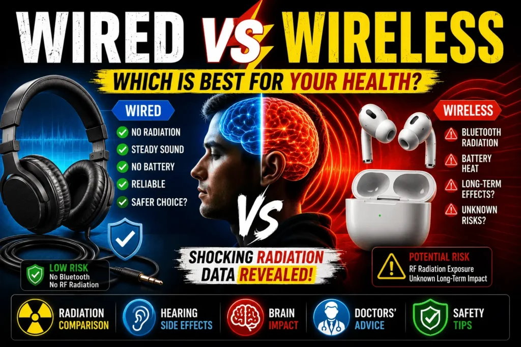 Split-screen comparison image showing wired headphones and wireless earbuds with glowing brain radiation effects, highlighting health risks, Bluetooth radiation, hearing damage, and safety concerns.