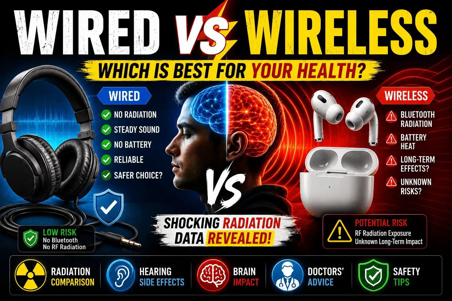 Split-screen comparison image showing wired headphones and wireless earbuds with glowing brain radiation effects, highlighting health risks, Bluetooth radiation, hearing damage, and safety concerns.