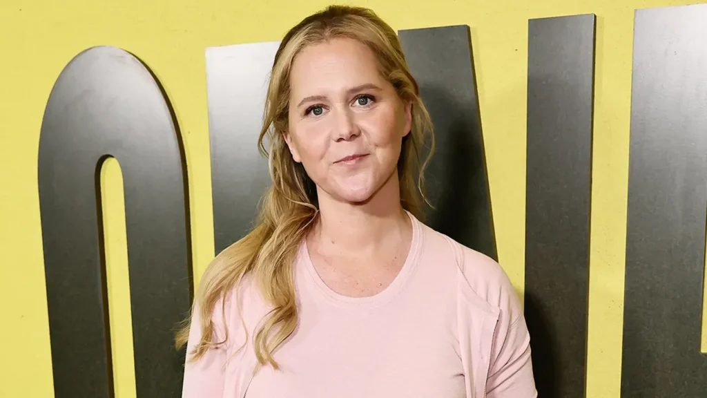 Amy Schumer poses on a red carpet in a light pink top during a public event appearance.
