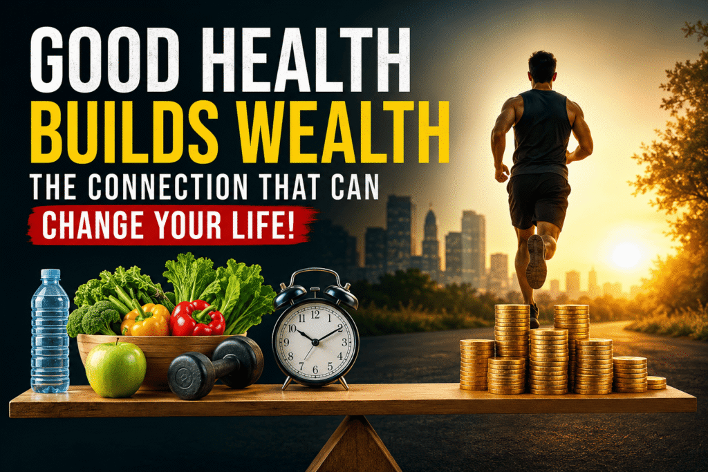 Motivational image showing a runner, healthy foods, fitness equipment, and stacks of coins symbolizing the strong connection between good health and financial success. Health builds Wealth.