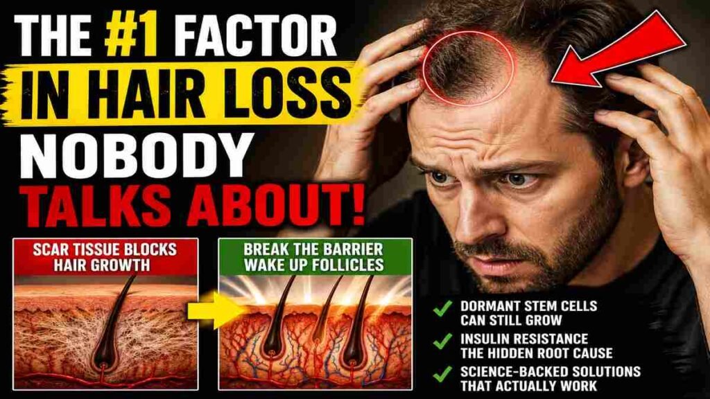 Concerned American man examining hair loss and receding hairline with infographic illustrations showing scalp scar tissue, dormant follicles, and hidden causes of hair loss.