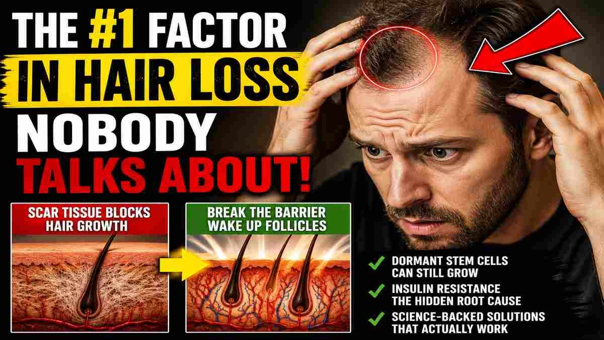 Concerned American man examining hair loss and receding hairline with infographic illustrations showing scalp scar tissue, dormant follicles, and hidden causes of hair loss.