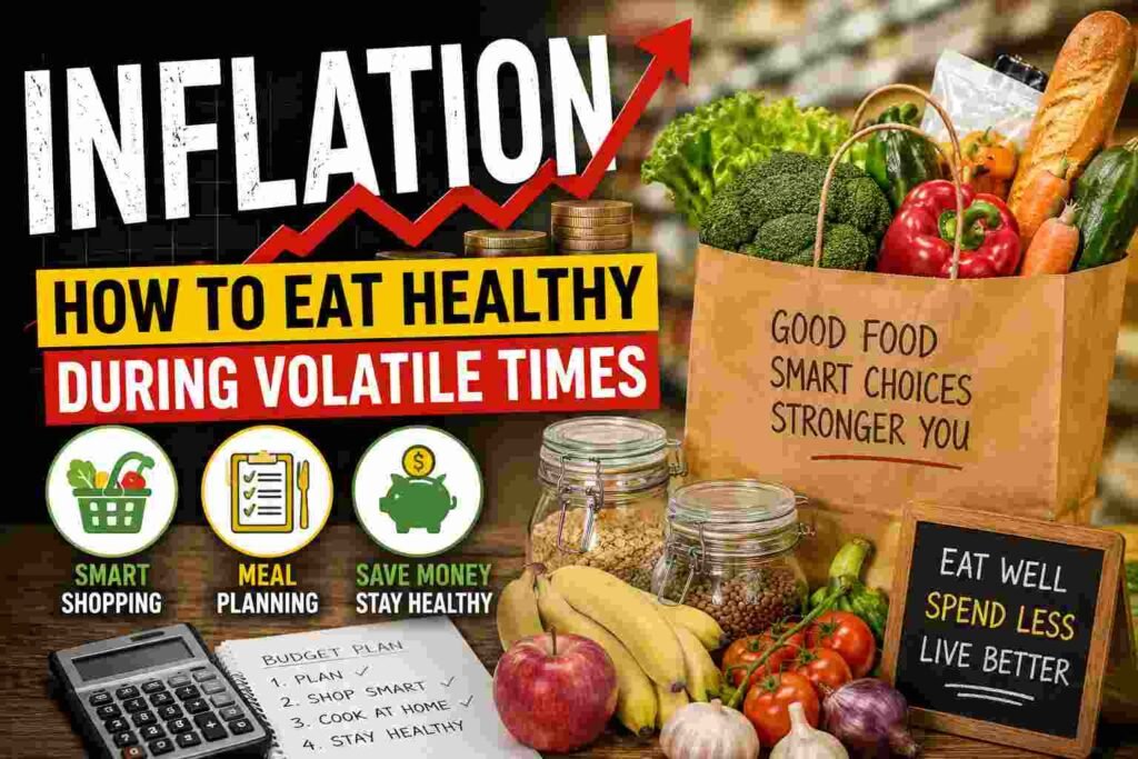 Healthy groceries and fresh vegetables beside rising inflation graphics illustrating smart eating during economic uncertainty.