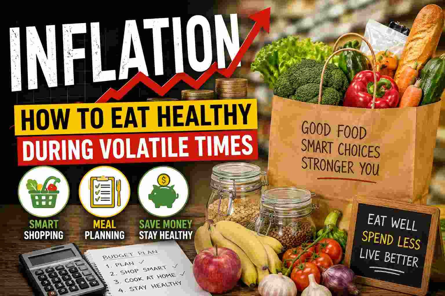 Healthy groceries and fresh vegetables beside rising inflation graphics illustrating smart eating during economic uncertainty.