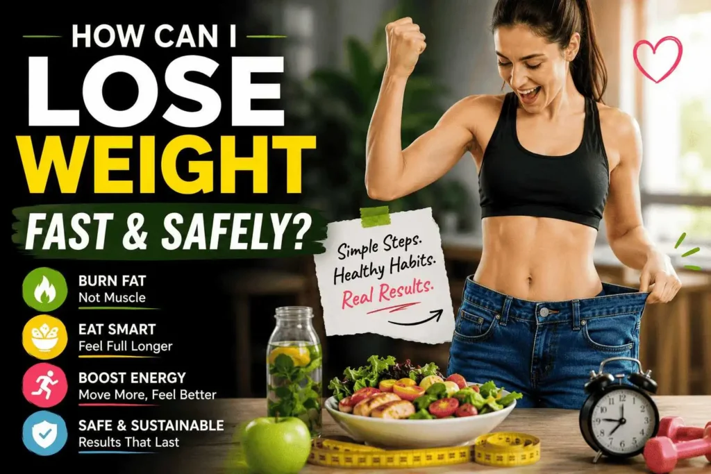 Woman celebrating weight loss success while holding oversized jeans beside healthy food and fitness items with the text “How Can I Lose Weight Fast & Safely?”