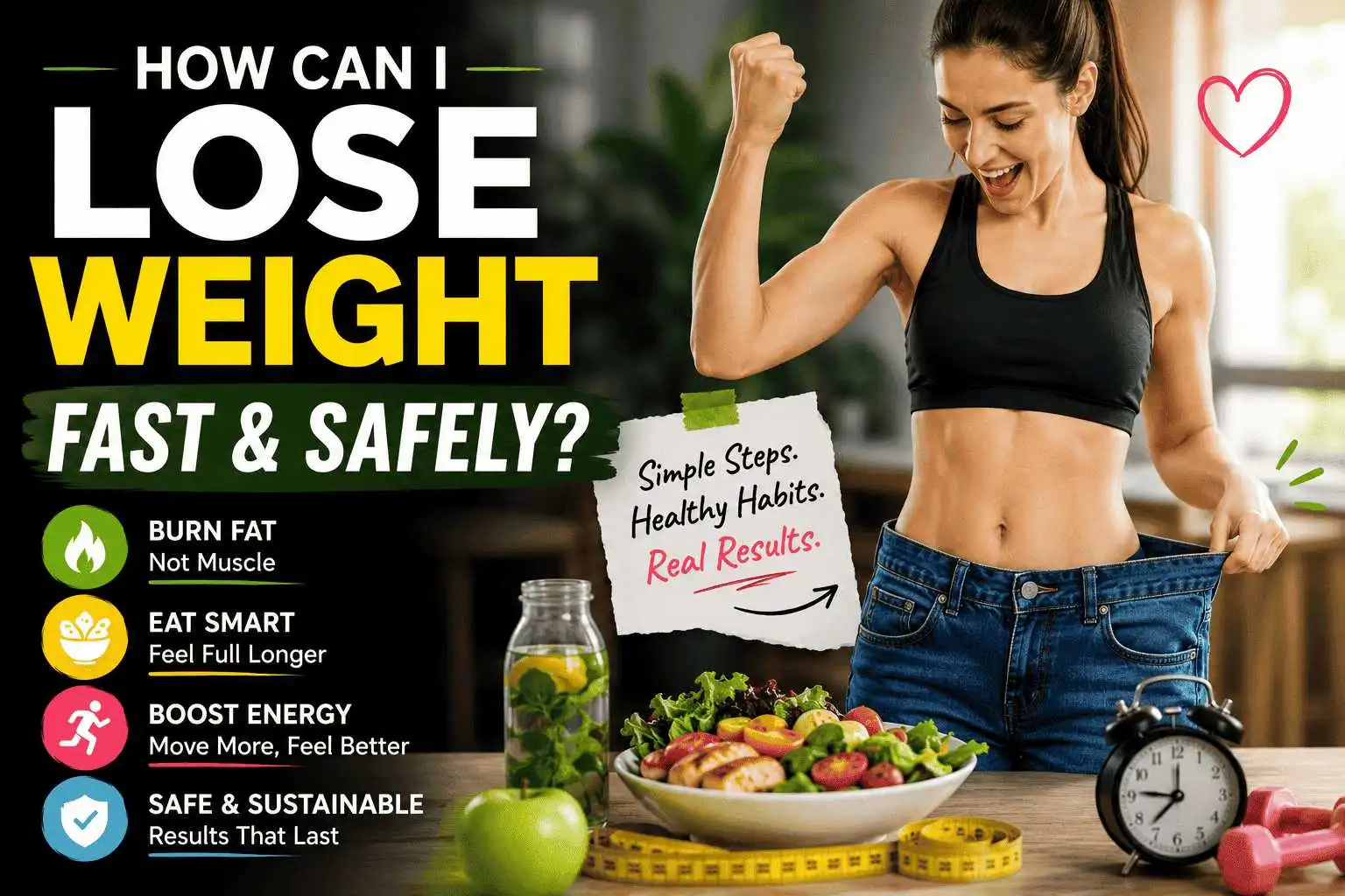 Woman celebrating weight loss success while holding oversized jeans beside healthy food and fitness items with the text “How Can I Lose Weight Fast & Safely?”