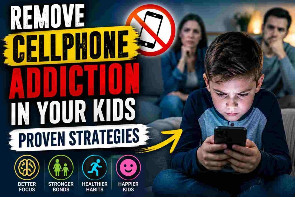 A dramatic thumbnail showing a young boy intensely staring at a smartphone while worried parents sit in the background, alongside bold text about removing cellphone addiction in kids using proven strategies.
