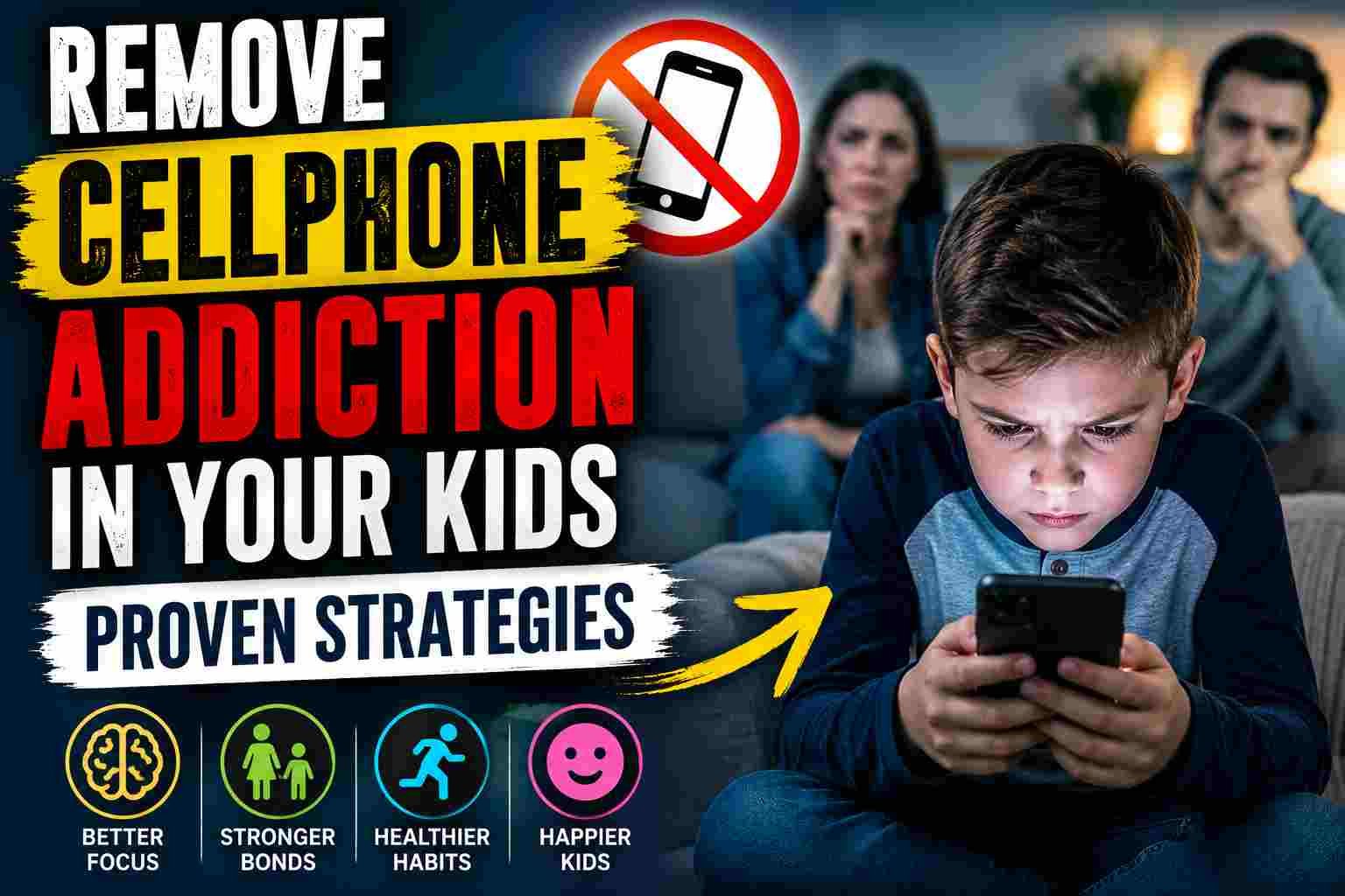 A dramatic thumbnail showing a young boy intensely staring at a smartphone while worried parents sit in the background, alongside bold text about removing cellphone addiction in kids using proven strategies.