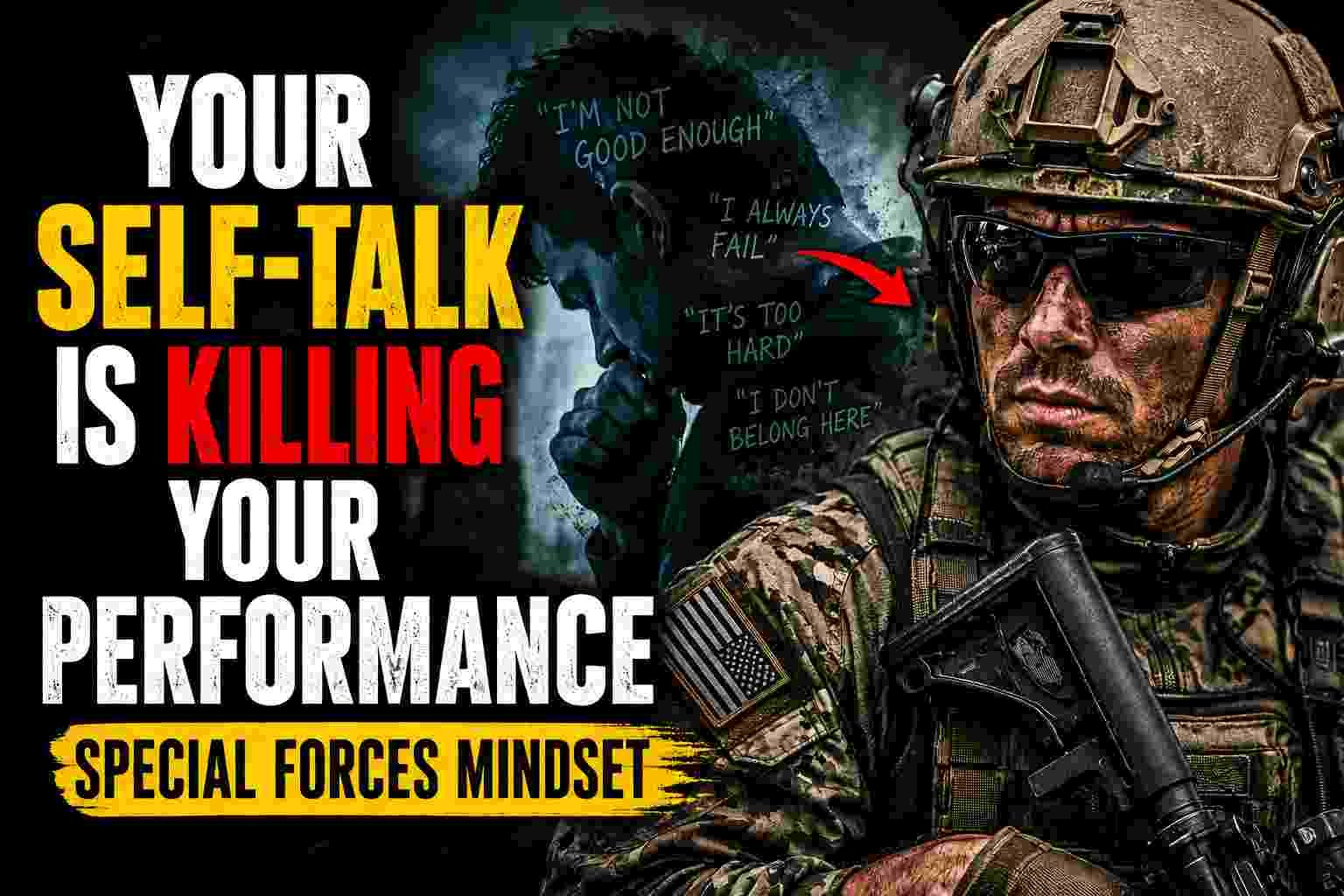 A dramatic thumbnail featuring a battle-hardened special forces soldier in tactical gear beside a stressed man overwhelmed by negative thoughts, with bold text reading “Your Self-Talk Is Killing Your Performance” and “Special Forces Mindset.”