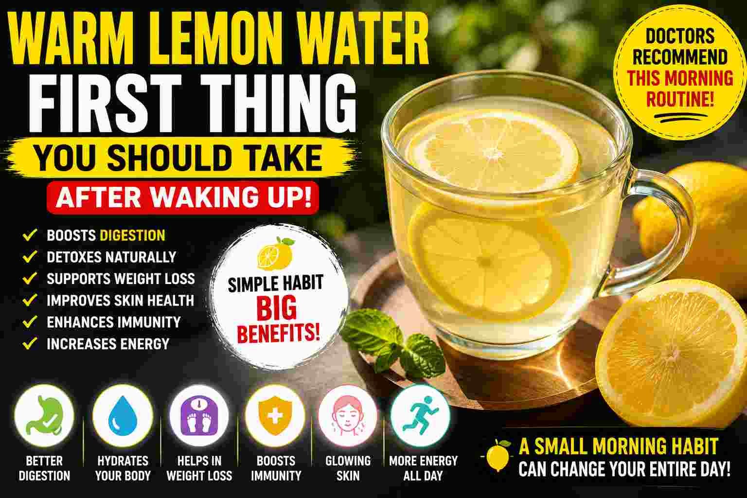 Bright wellness-style image showing a glass of warm lemon water beside a fresh lemon, sunrise background, hydration icons, and healthy morning routine elements.