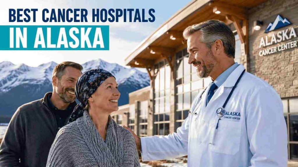 Smiling American cancer patient and doctor outside a modern Alaska cancer center with snow-capped mountains, representing compassionate oncology care and the best cancer hospitals in Alaska.