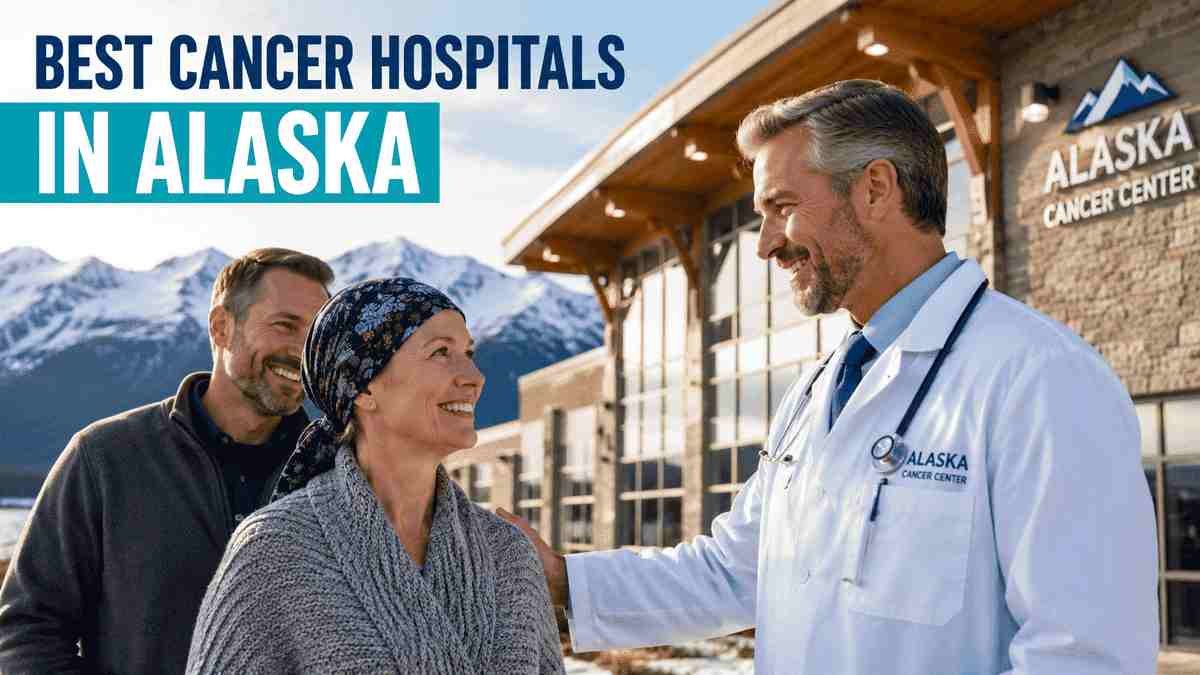 Smiling American cancer patient and doctor outside a modern Alaska cancer center with snow-capped mountains, representing compassionate oncology care and the best cancer hospitals in Alaska.