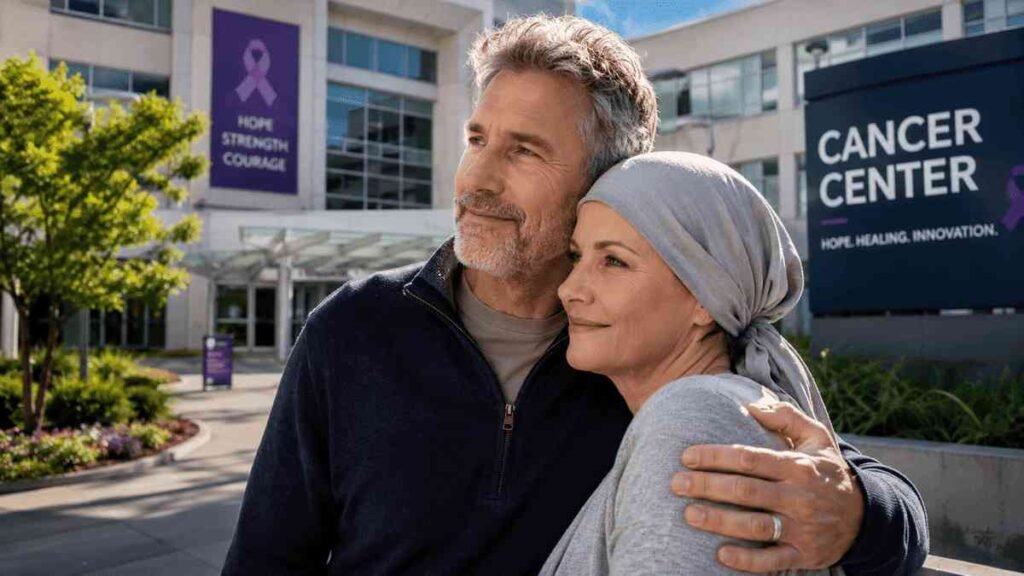 American cancer patient and supportive spouse standing outside a leading cancer treatment center in California, symbolizing hope, advanced care, and recovery.