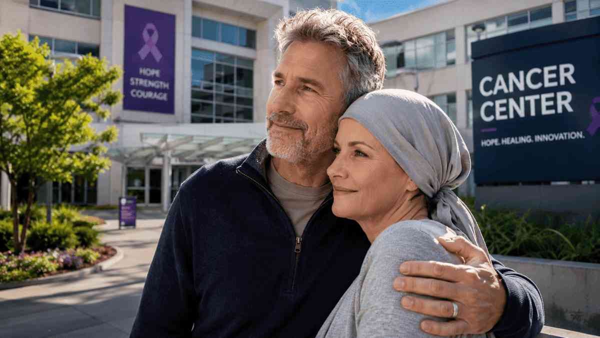 American cancer patient and supportive spouse standing outside a leading cancer treatment center in California, symbolizing hope, advanced care, and recovery.