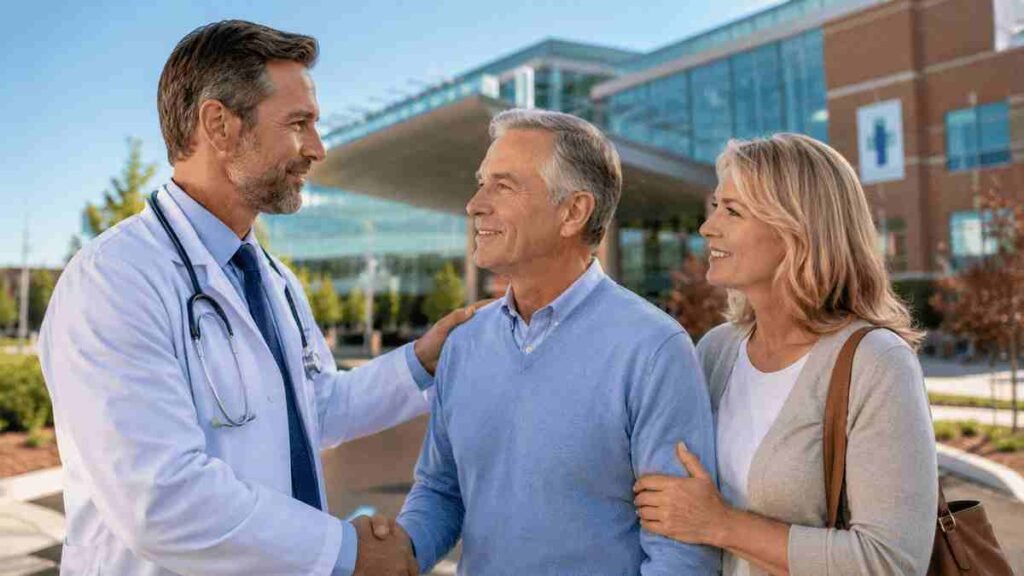 Experienced American cancer specialists standing outside a modern Maine cancer center, representing the best cancer hospitals in Maine and advanced oncology care in 2026.