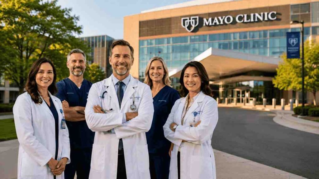 American cancer specialists and patients standing in front of a modern hospital campus, representing the best cancer hospitals in Minnesota and advanced oncology care in 2026.