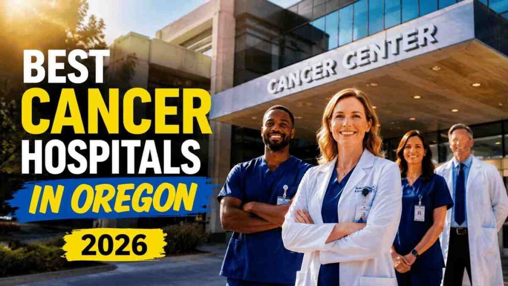 Best Cancer Hospitals in Oregon 2026 featuring diverse American doctors and healthcare professionals standing confidently outside a modern cancer center under bright cinematic lighting.