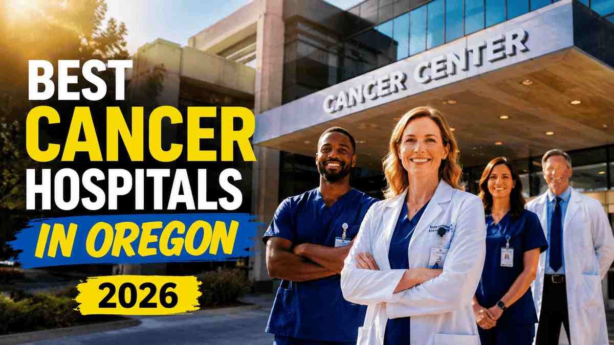 Best Cancer Hospitals in Oregon 2026 featuring diverse American doctors and healthcare professionals standing confidently outside a modern cancer center under bright cinematic lighting.