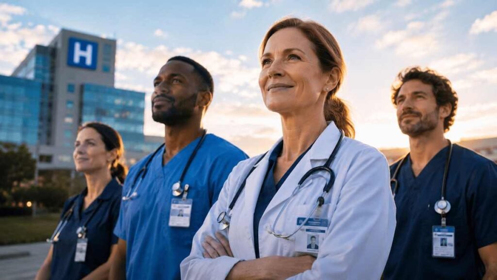 Top doctors and healthcare professionals standing outside a modern cancer hospital in Washington, representing leading cancer treatment centers and advanced oncology care in 2026.