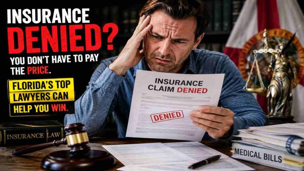 **ALT TEXT**Concerned Florida resident reviewing a denied health insurance claim while sitting in a law office, with legal documents, a judge's gavel, and Florida-themed legal imagery highlighting options for appealing insurance denials and finding legal representation.
