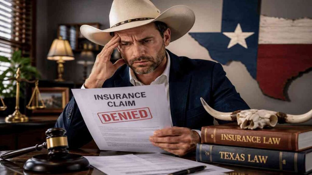 Texas resident in a cowboy hat reviewing a denied health insurance claim in a law office, surrounded by legal books and Texas-themed decor, illustrating the search for the best lawyer for health insurance denial in Texas.