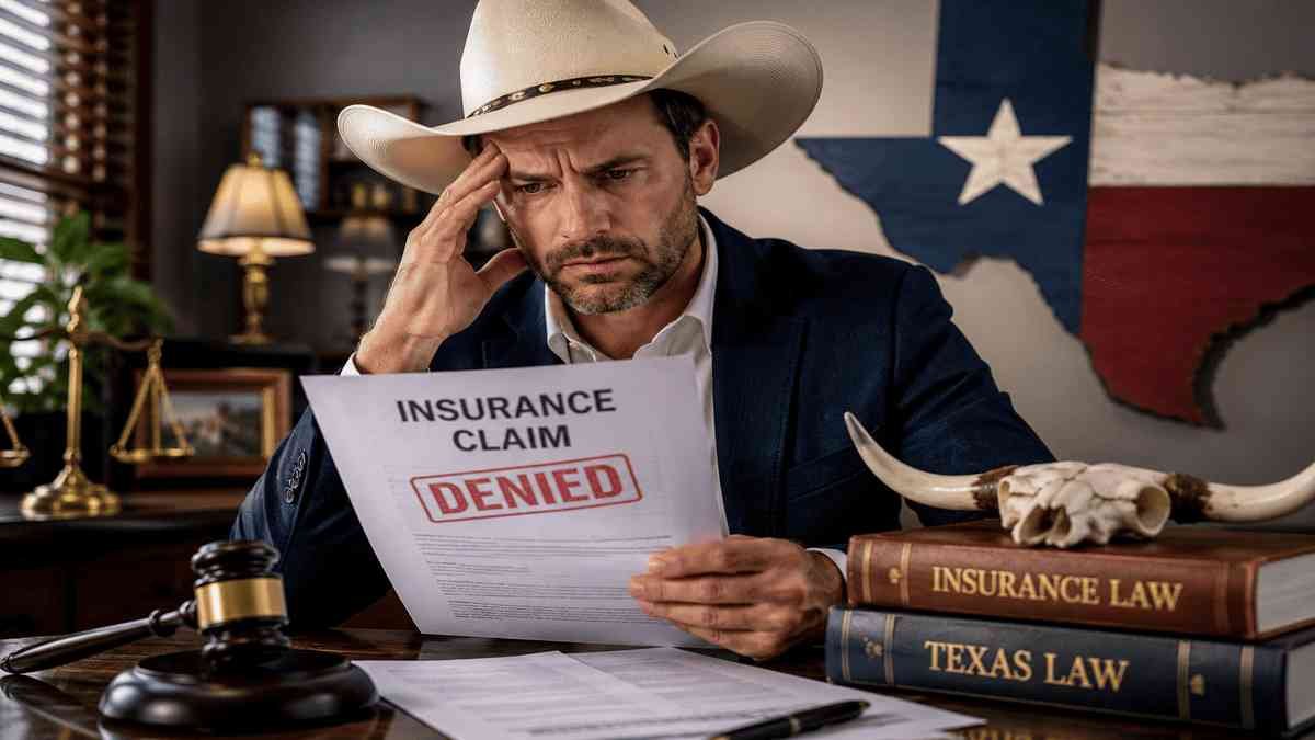 Texas resident in a cowboy hat reviewing a denied health insurance claim in a law office, surrounded by legal books and Texas-themed decor, illustrating the search for the best lawyer for health insurance denial in Texas.