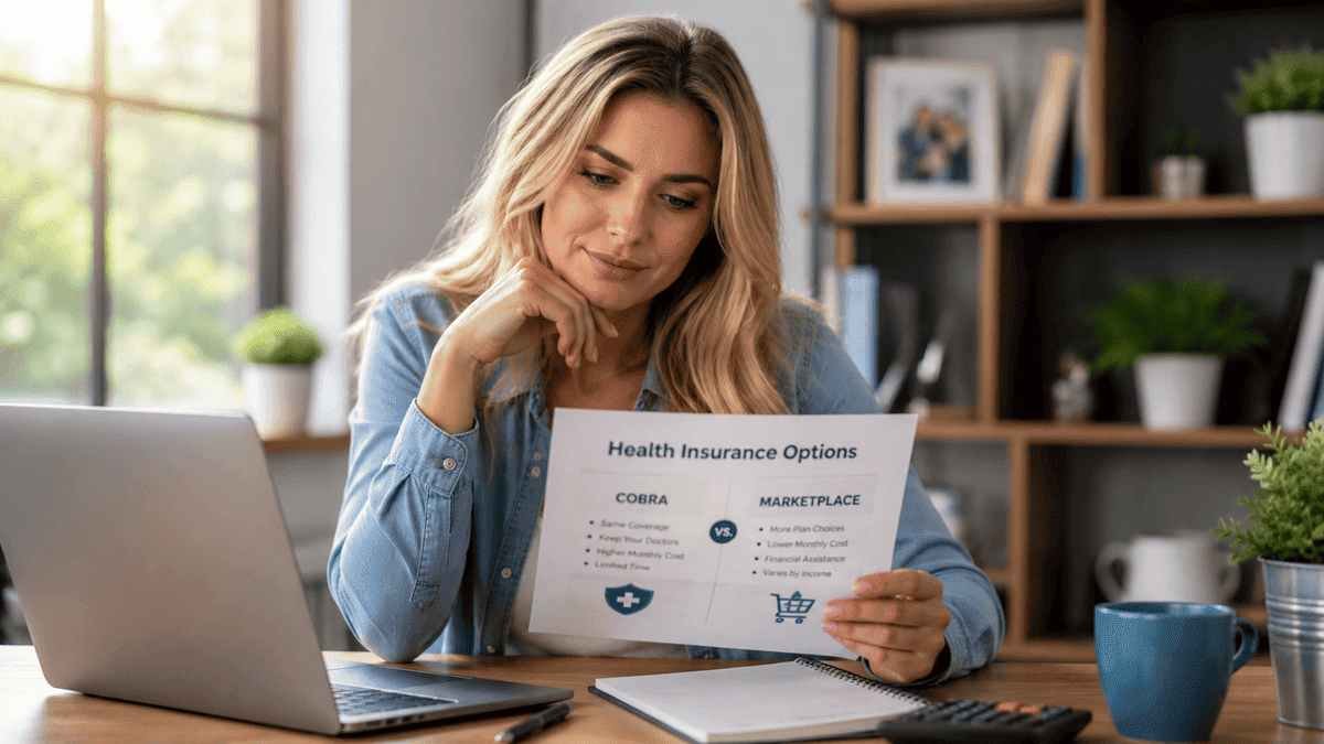 Blonde American woman comparing COBRA and Marketplace health insurance options while reviewing healthcare coverage costs at her home office desk.